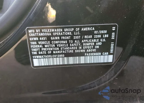 2020 Volkswagen Passat R-Line z USA, uszkodzony, nr VIN 1VWMA7A3XLC012950